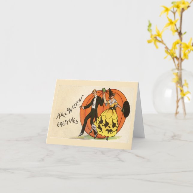 Halloween Greetings Dancing Couple Pumpkin Vintag Karte (Gelbe Blume)