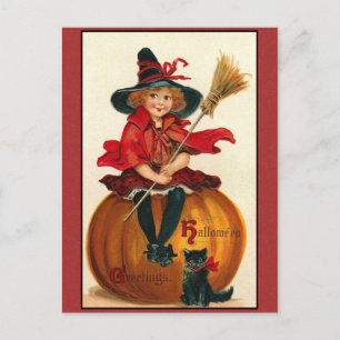 Halloween Greetings Vintag Girl and Cat Postkarte