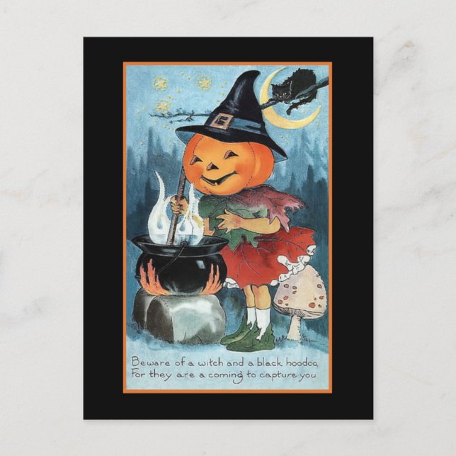 Halloween Greetings Vintag Pumpkin Hexenkrippe Postkarte (Vorderseite)