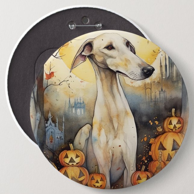 Halloween Greyhound mit Pumpkins Beängstigend Button (Vorne & Hinten)