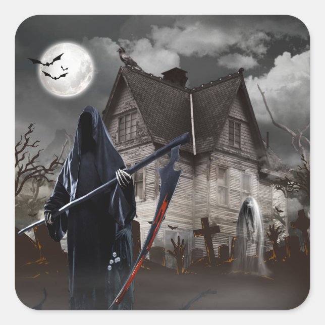 Halloween Grim Sensenmann Spuk House Quadratischer Aufkleber (Vorderseite)