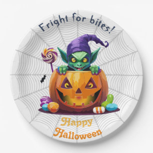 Halloween-Grimlin mit Süßigkeiten zum Trick-or-Tre Pappteller