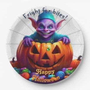 Halloween-Grimlin mit Süßigkeiten zum Trick-or-Tre Pappteller