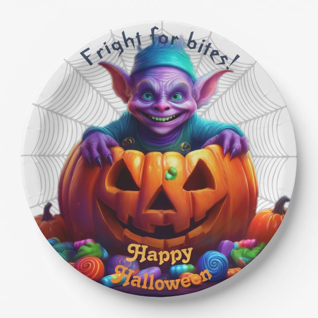 Halloween-Grimlin mit Süßigkeiten zum Trick-or-Tre Pappteller (Vorderseite)