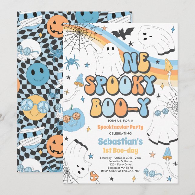 Halloween Groovy Niedlich Ghost 1. Geburtstag Part Einladung (Vorne/Hinten)