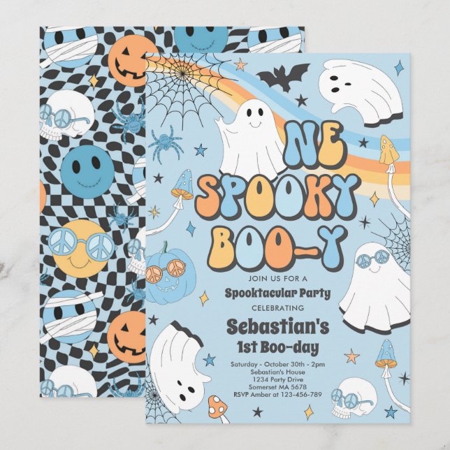 Halloween Groovy Niedlich Ghost 1. Geburtstag Part Einladung (Vorne/Hinten)