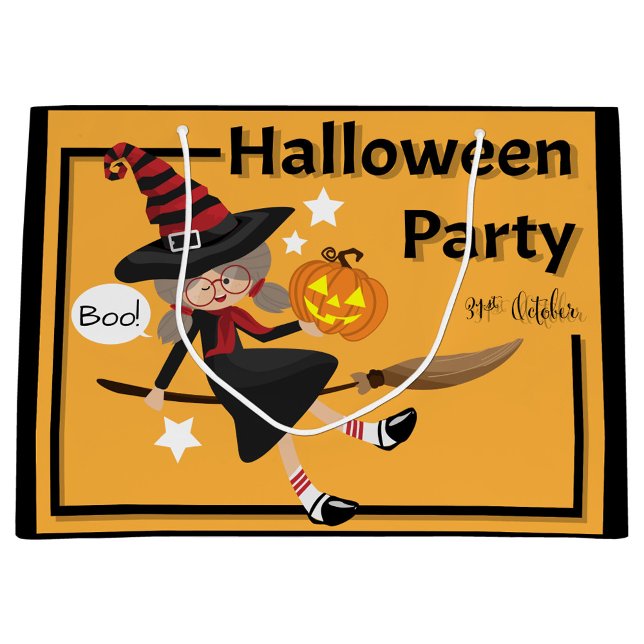 Halloween Große Geschenktüte (Illustration of a Halloween Party bag, featuring a cartoon witch riding a broomstick.)