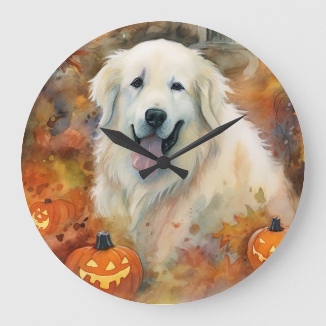 Halloween Große Pyrenäen mit Pumpkins Beängstigend Große Wanduhr (Vorderseite)