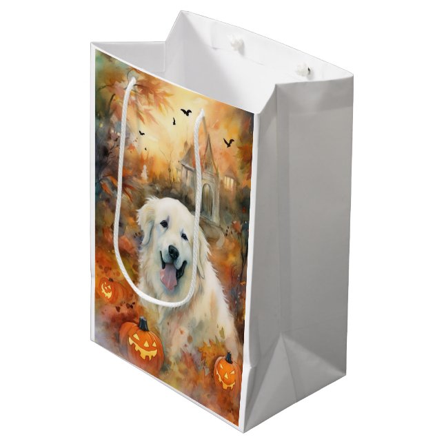 Halloween Große Pyrenäen mit Pumpkins Beängstigend Mittlere Geschenktüte (Vorderseite Schrägansicht)