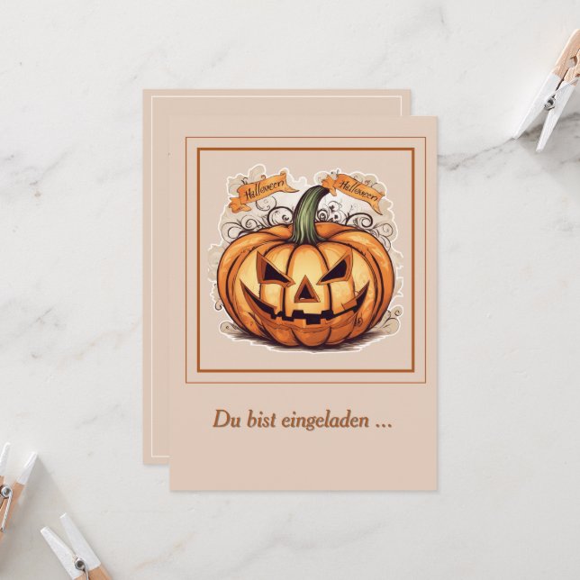 Halloween: Großer Kürbis  -  Einladung (Vorderseite/Rückseite Beispiel)