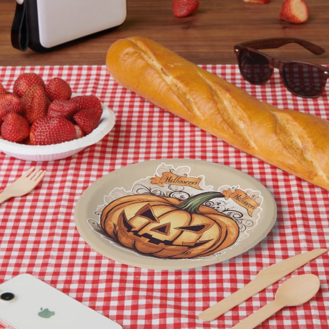 Halloween: Großer Kürbis -  Pappteller (Picknick)