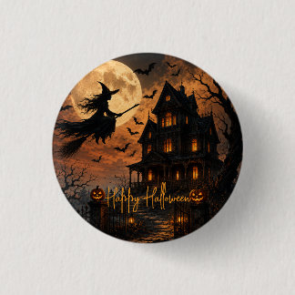 Halloween Gruselige Hexe fliegt über ein Spukhaus Button