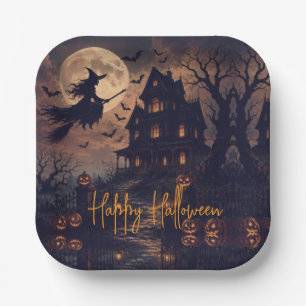 Halloween Gruselige Hexe fliegt über ein Spukhaus Pappteller