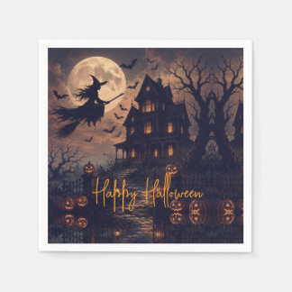 Halloween Gruselige Hexe fliegt über ein Spukhaus Serviette