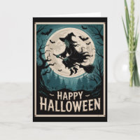 Halloween Gruselige Hexe fliegt über einen Vollmon