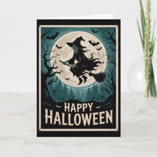 Halloween Gruselige Hexe fliegt über einen Vollmon Karte