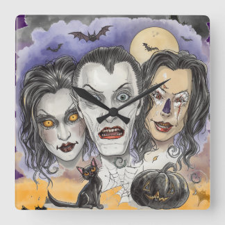 Halloween, Gruselige Lachmasken, Schwarze Katzen Quadratische Wanduhr