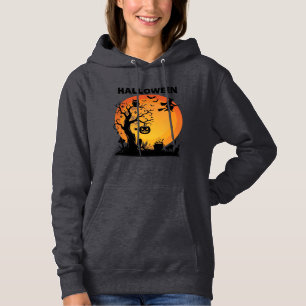 Halloween Gruseliger Baum Fliegende Hexe Orange Mo Hoodie