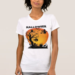 Halloween Gruseliger Baum Fliegende Hexe Orange Mo T-Shirt