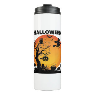 Halloween Gruseliger Baum Fliegende Hexe Orange Mo Thermosbecher