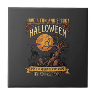 Halloween Gruseliger Baum Vollmond Schwarze Katze Fliese