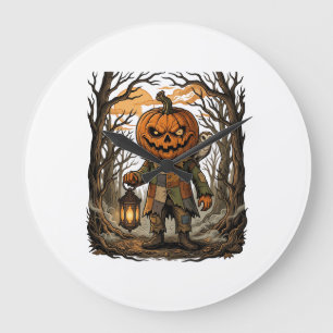 Halloween Gruseliger Kürbis Vogelscheuche Laterne Große Wanduhr