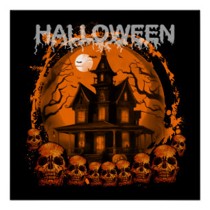 HALLOWEEN GRUSELIGES GEISTERHAUS SCHÄDEL POSTER