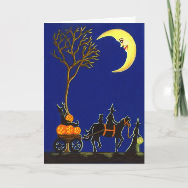 Halloween, Gruß, Karte, Hexen, Mond, Kürbise Karte (Vorderseite)
