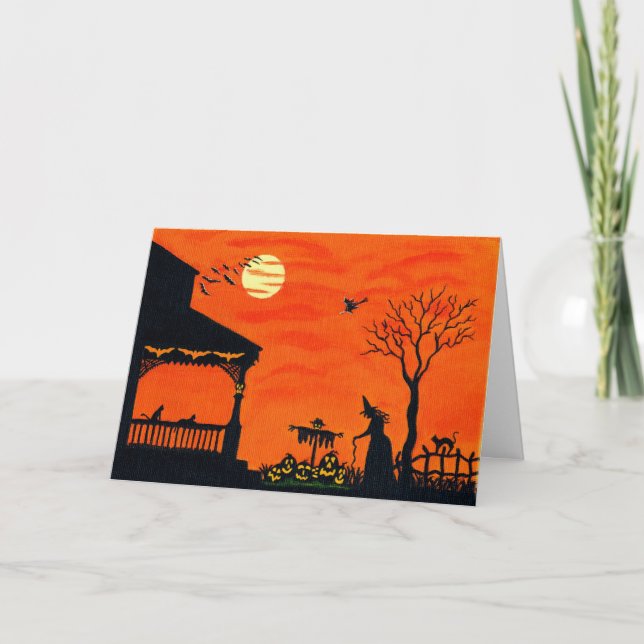 Halloween-Gruß-Karte, Hexen, Schwarzes, Katzen, Karte (Vorderseite)