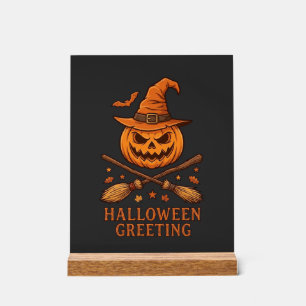 Halloween-Gruß-Kürbis-Hexenhut-gekreuzte Besen Acrylschild