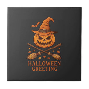 Halloween-Gruß Kürbis Hexenhut gekreuzter Besen Fliese