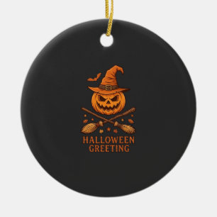 Halloween-Gruß-Kürbis-Hexenhut-gekreuzter Besen Keramik Ornament