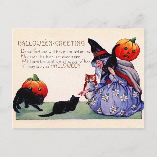 Halloween-Grüße aus der Hexe, der Eule und den Kat Postkarte (Vorderseite)