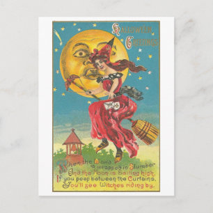 Halloween Grüße Frau auf Besen Postkarte