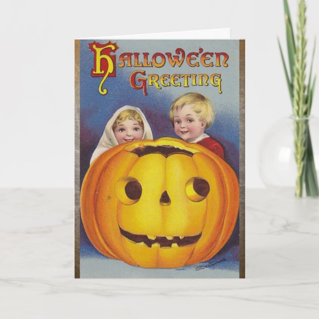 Halloween Grüße! Niedliche Kinder mit Pumpkin-Kart Karte (Vorderseite)