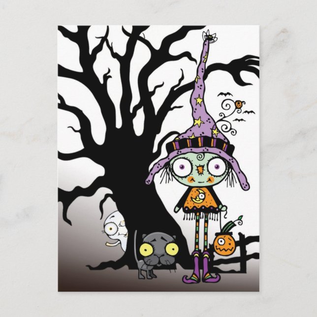 Halloween Grüße von der Hexe in Lila Postkarte (Vorderseite)
