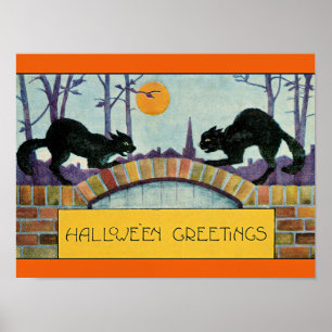 Halloween-Grüße, zwei schwarze Katzen, Poster