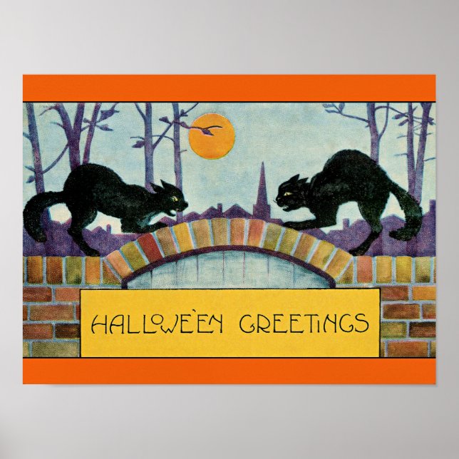 Halloween-Grüße, zwei schwarze Katzen, Poster (Vorne)