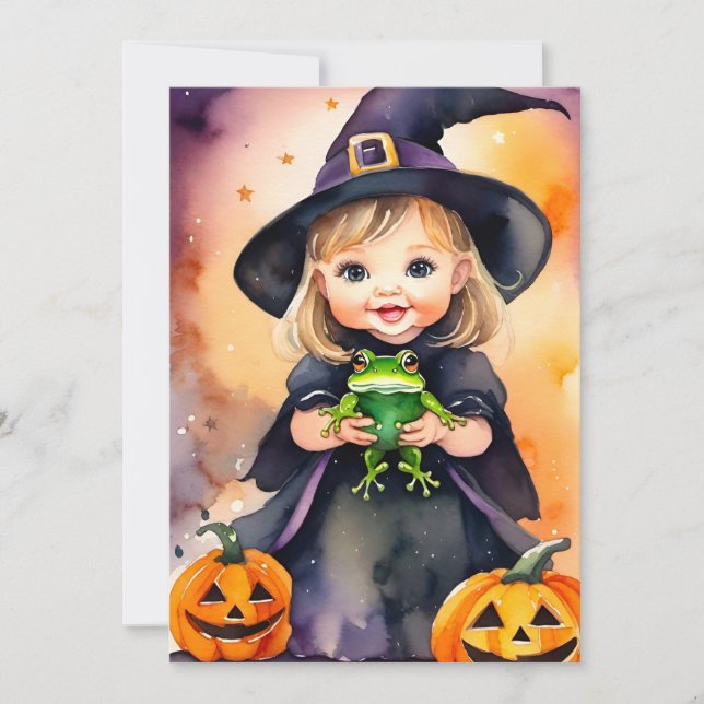 Halloween Grußkarte Niedliche Kleine Hexe Feiertagskarte (Vorderseite)