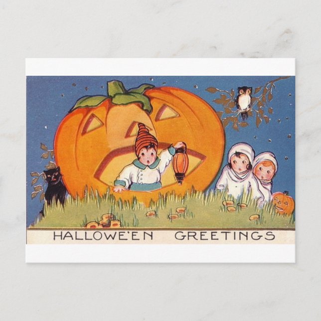 Halloween Grußkinder, Kürbis, Owl Postkarte (Vorderseite)