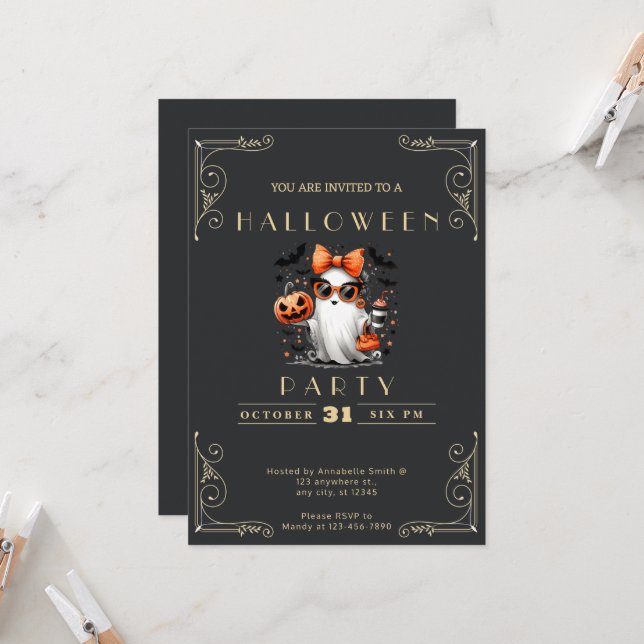 Halloween-Halbpension Black & Gold Ghost Stars Fle Einladung (Vorderseite/Rückseite Beispiel)