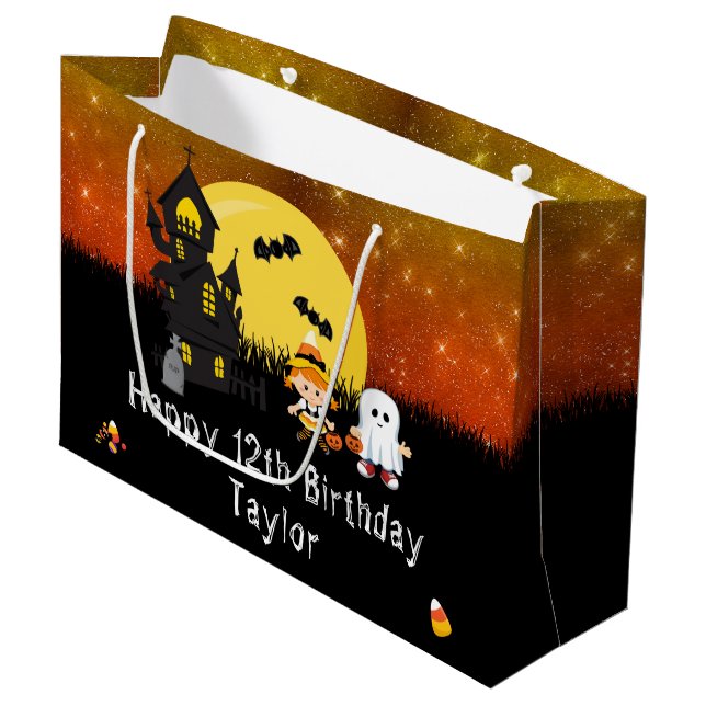Halloween Happy Birthday Hexe Ghost Dark Orange Große Geschenktüte (Vorderseite Schrägansicht)