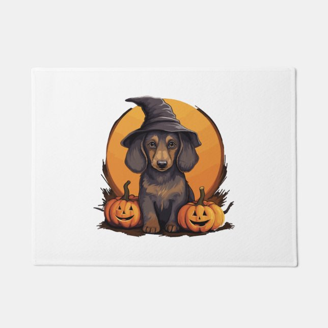Halloween-Hat-Pumpkin-Dog-Dackel Fußmatte (Vorderseite)