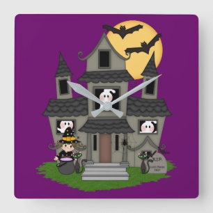 Halloween haunted house and little witch purple quadratische wanduhr