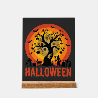 Halloween Haunted Tree Witch and Black Cats Acrylschild
