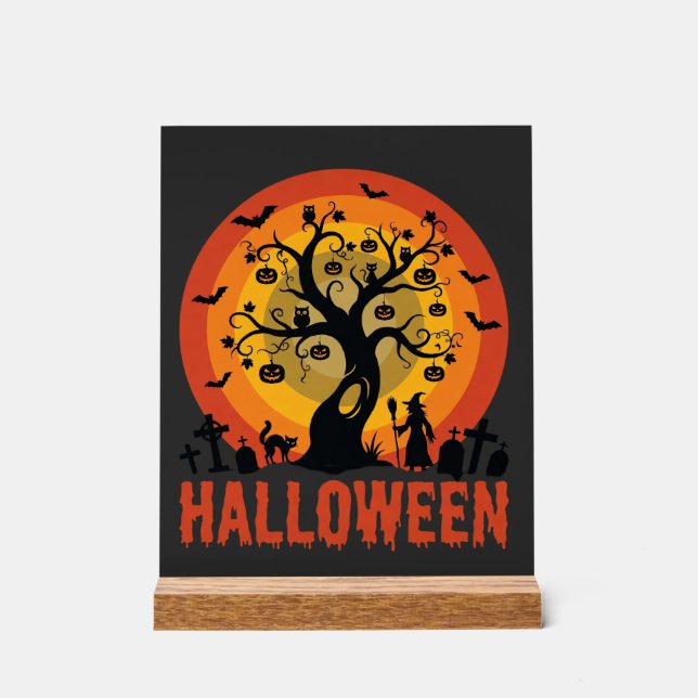 Halloween Haunted Tree Witch and Black Cats Acrylschild (Vorderseite)