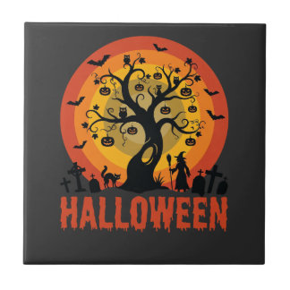 Halloween Haunted Tree Witch and Black Cats Fliese
