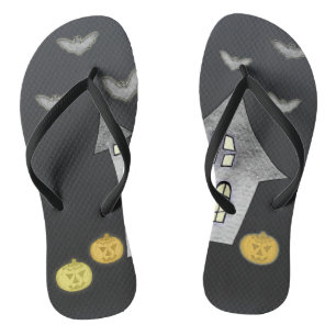 Halloween-Haus, schwarze Katzen, Fledermäuse, Kürb Flip Flops