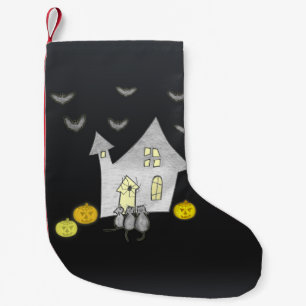 Halloween-Haus, schwarze Katzen, Fledermäuse, Kürb Kleiner Weihnachtsstrumpf