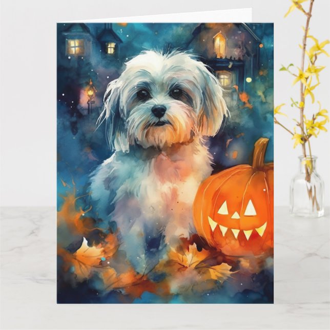 Halloween Havanese mit Pumpkins Beängstigend Karte (Gelbe Blume)
